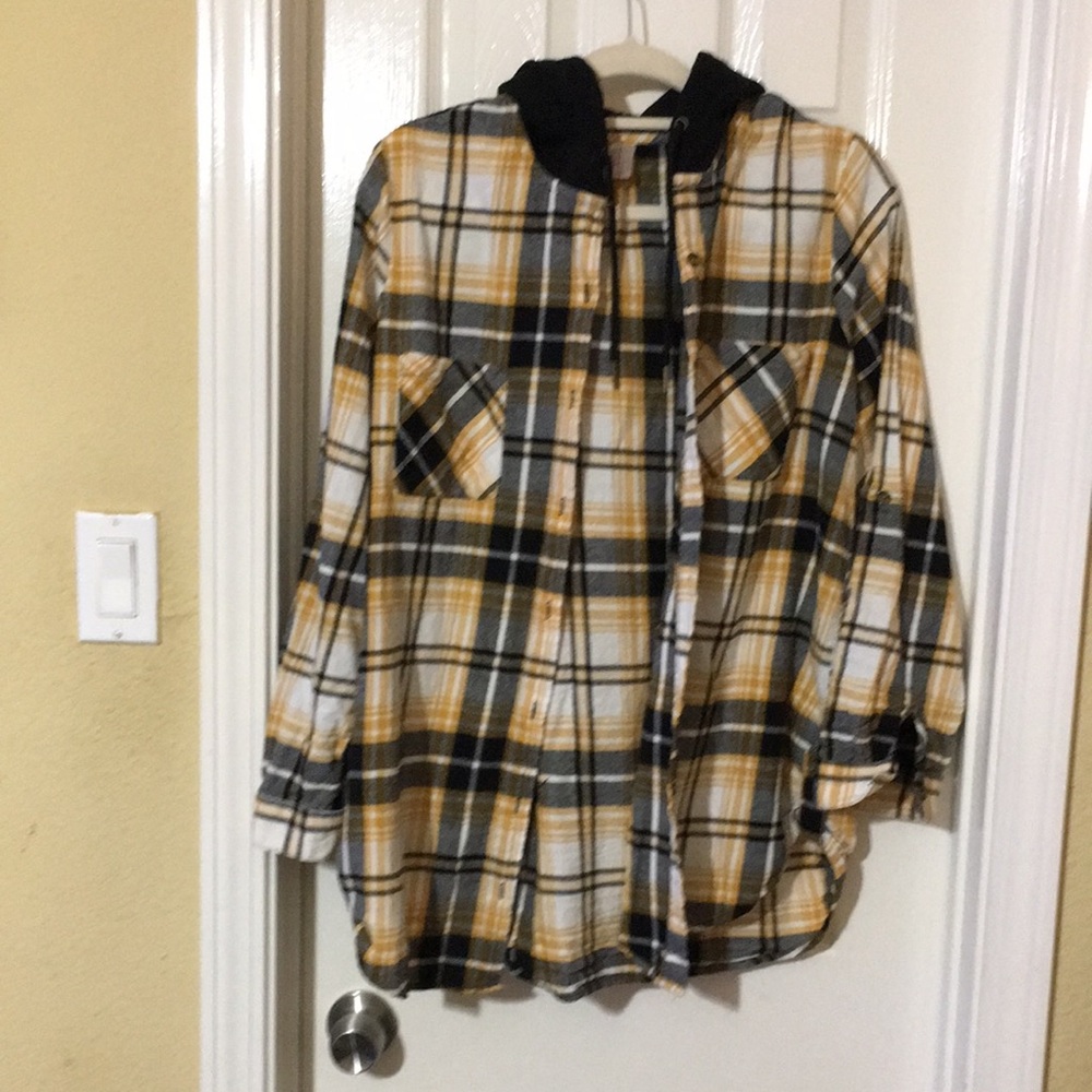 Yellow and Black Mandarin Collar Long Sleeve Button Down Shirt